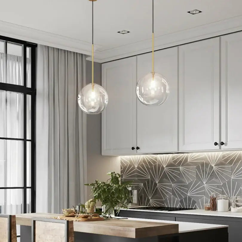 Modern gold bubble glass ball pendant light with clear glass globes and slender gold rods for kitchen decorbites bubble glass