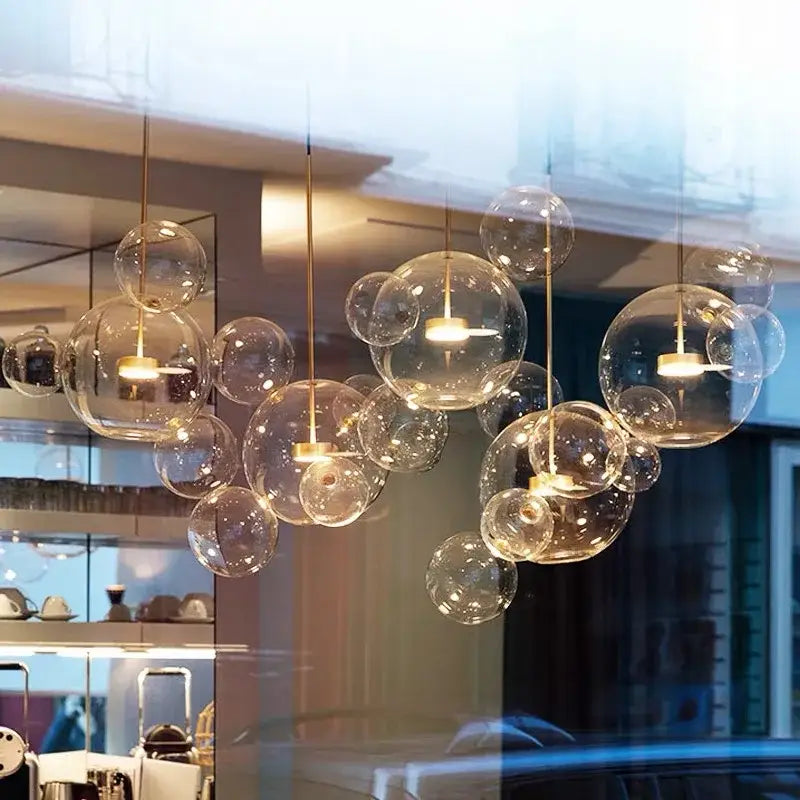 Modern gold bubble glass led chandelier with clear glass bubble pendant lights and gold-toned fixtures for kitchen decorbites bubble glass