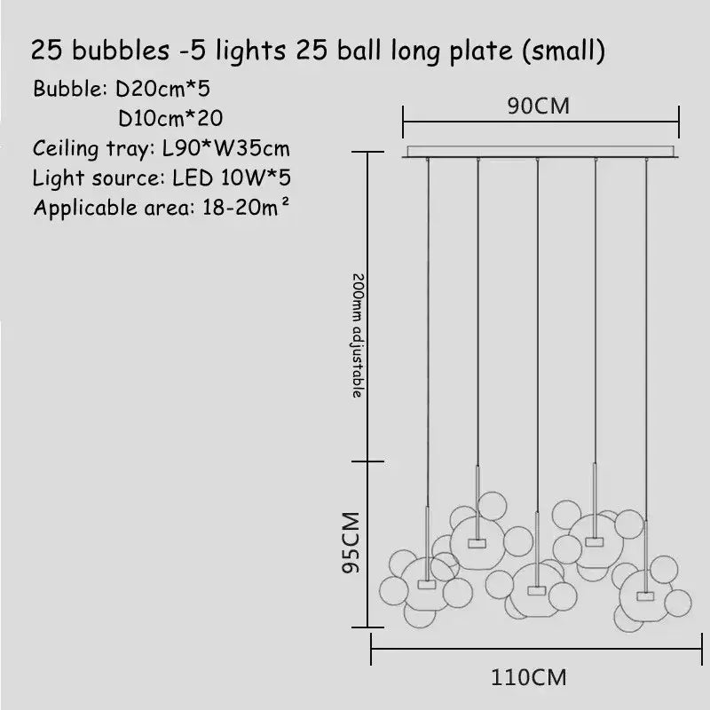 Modern gold bubble glass led chandelier with 25 spherical glass bubbles suspended from metal tray decorbites bubble glass