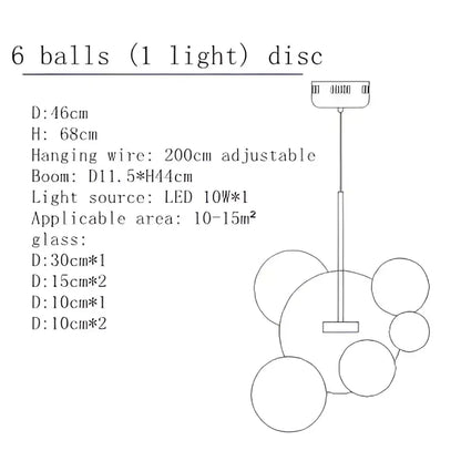 Modern gold bubble glass led chandelier with six spherical glass orbs on adjustable metal arm for kitchen decorbites bubble glass
