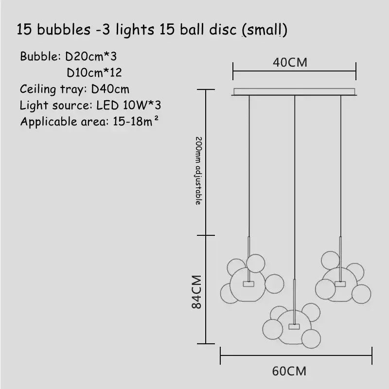 Modern gold bubble glass led chandelier with three clusters of spherical glass bubbles and adjustable height for kitchen decorbites bubble glass