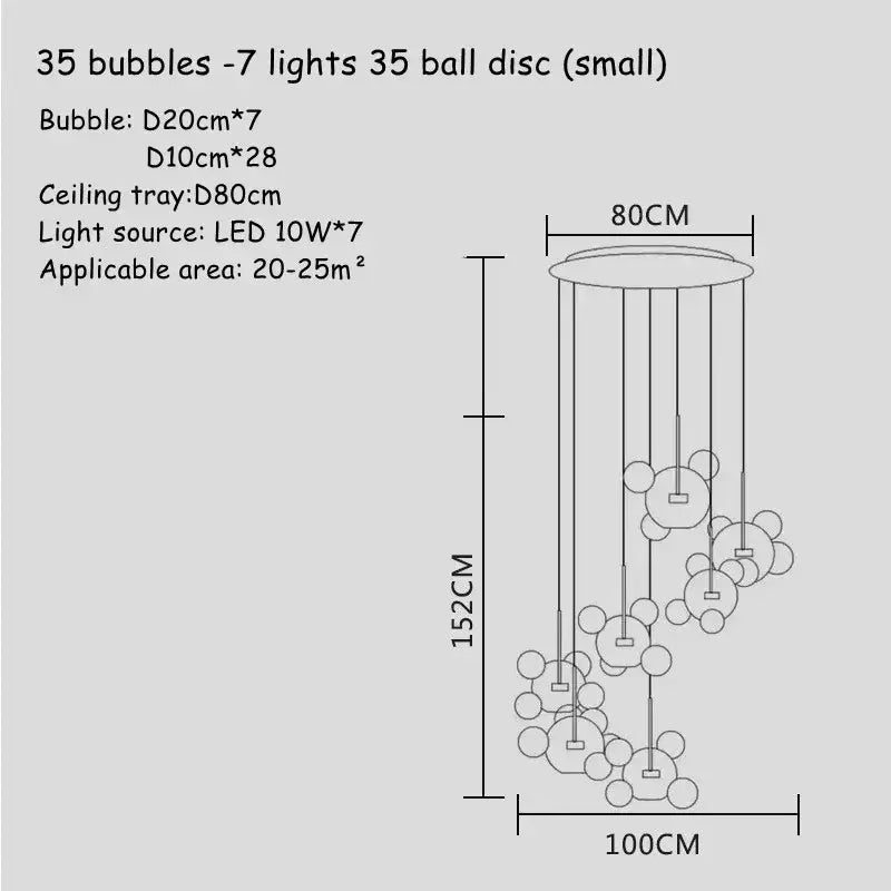 Modern gold bubble glass led chandelier with 35 spherical orbs suspended from a circular tray for kitchen decorbites bubble glass