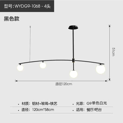 Black modern decorbites bubble iron chandelier with four glass globe lights on a curved aluminum and iron frame