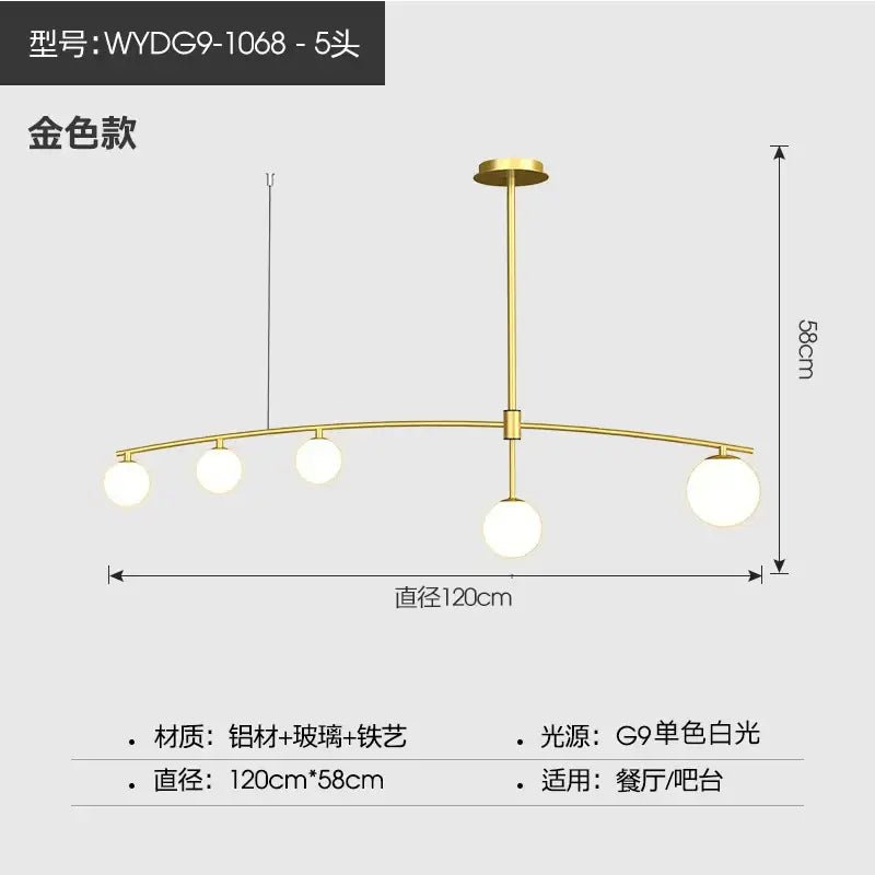 Modern gold bubble iron chandelier with five spherical glass globes on curved aluminum and iron frame for kitchen decorbites bubble iron