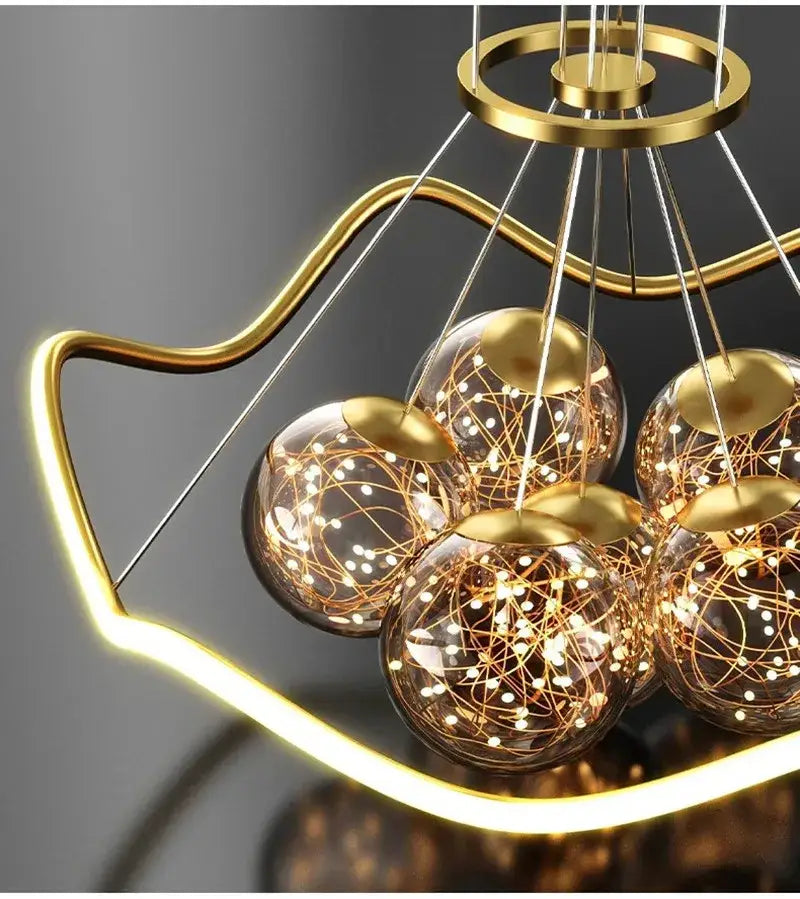 Modern gold bubble pendant chandelier with five glass globes and golden wire filaments for dining room led light decorbites bubble pendant