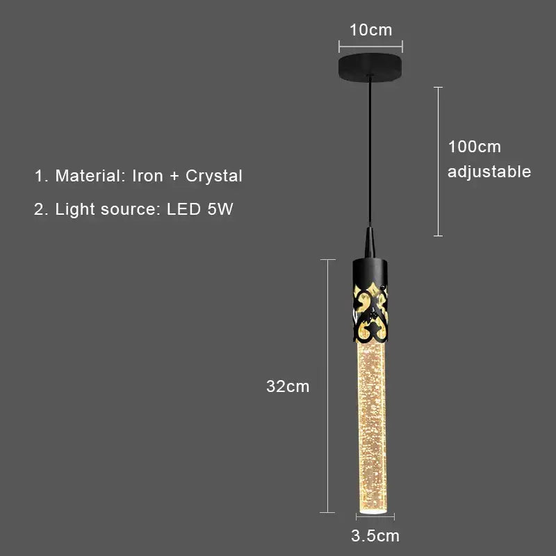 Black iron and crystal bubbles crystal pendant light with 32cm cylindrical body and gold-patterned band for living room decor