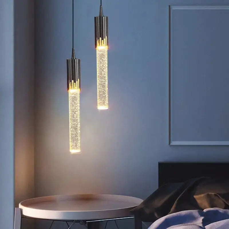 Two modern pendant lights with golden bubbles crystal glass and black metal caps ideal for living room decorbites bubbles crystal