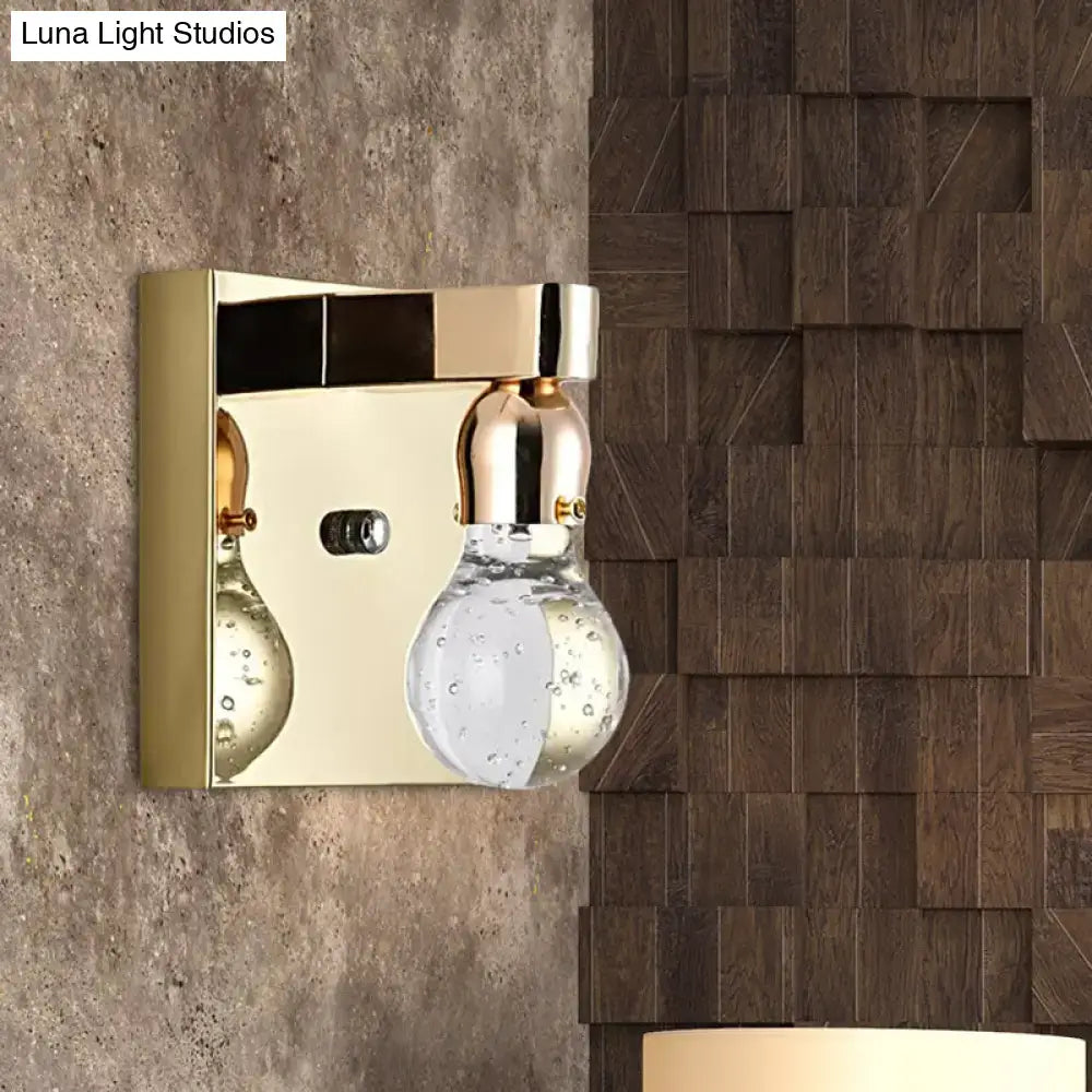 Modern gold bulb shaped crystal wall sconce with clear bubble glass and mirrored backplate for 110v-120v or 220v-240v use
