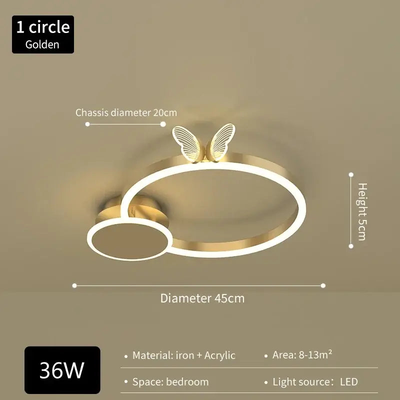 Modern gold butterflies ceiling light with iron and acrylic construction for luxury bedroom decor and lighting