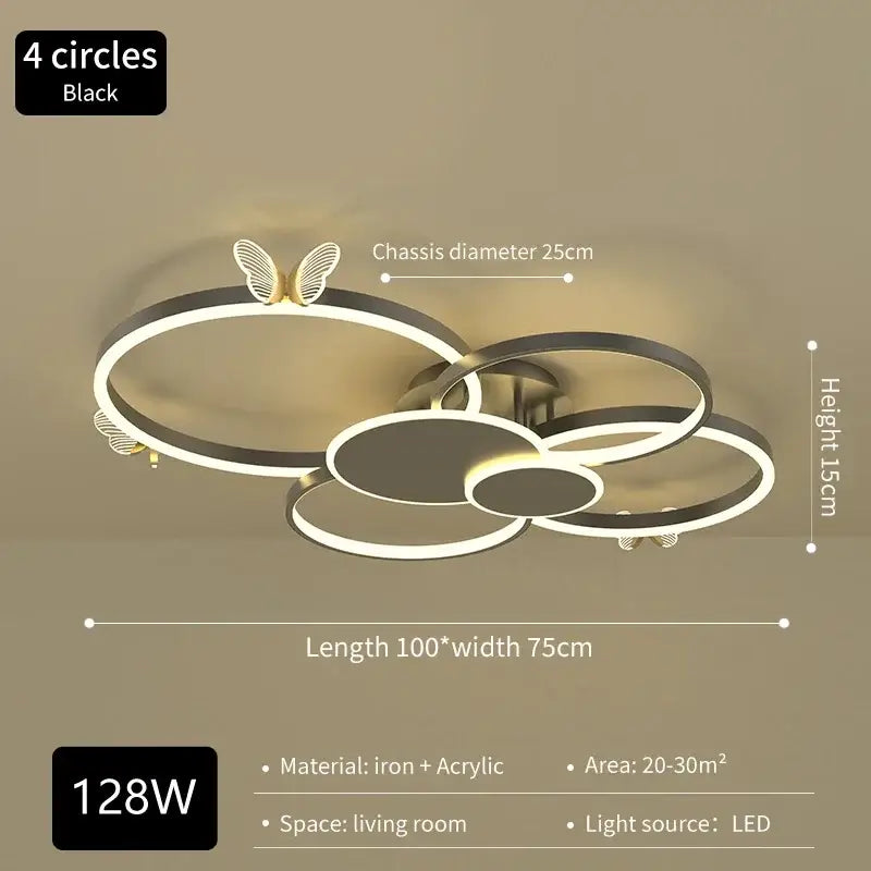 Black modern led ceiling light with four interlocking rings and delicate butterfly accents for luxury bedroom decorbites butterflies ceiling