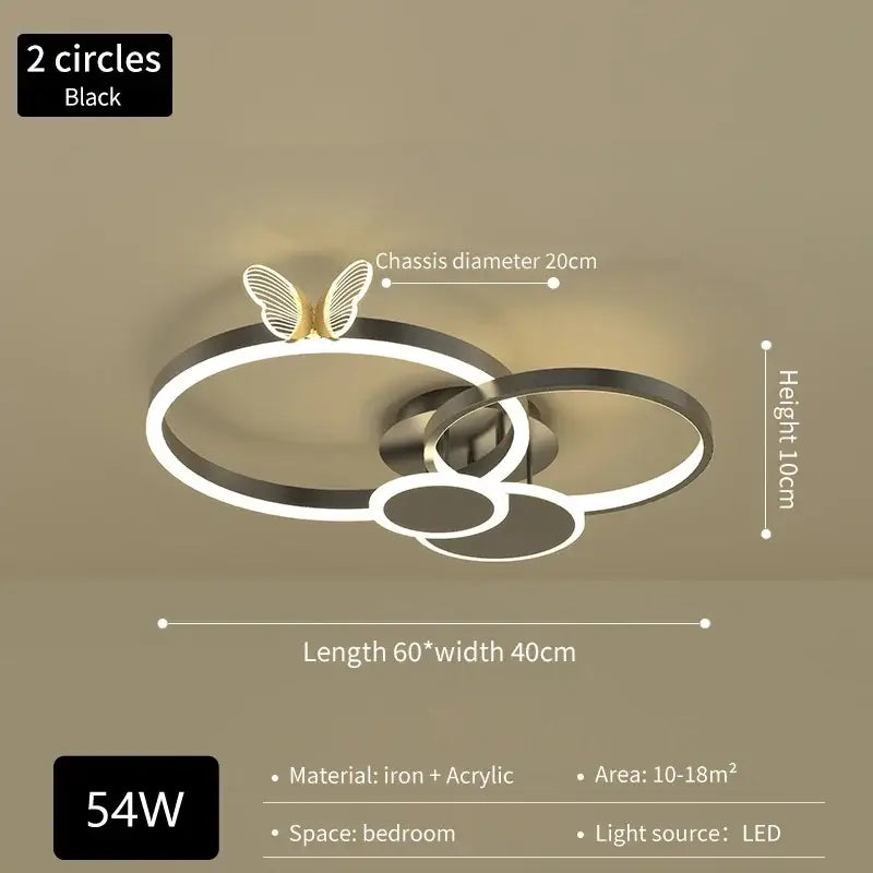 Black modern ceiling light with two interlocking rings and gold butterfly accent made of iron and acrylic decorbites butterflies ceiling light