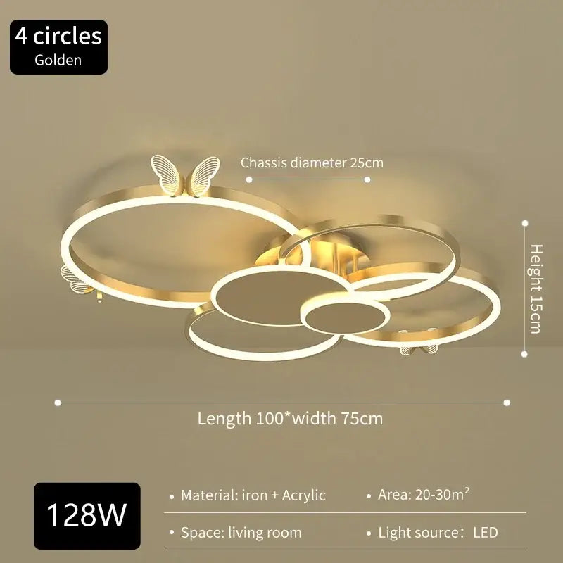 Modern gold butterflies ceiling light with four interlocking circular LED rings for luxury bedroom decorbites ceiling use