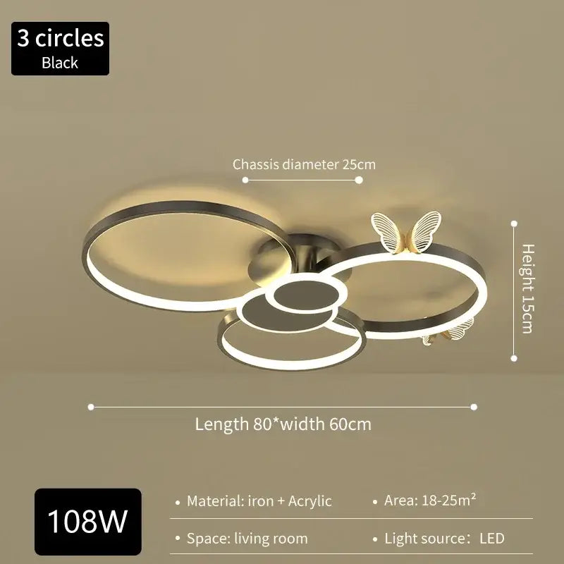 Black modern ceiling light with three iron interlocking rings and acrylic butterflies decorbites butterflies ceiling light