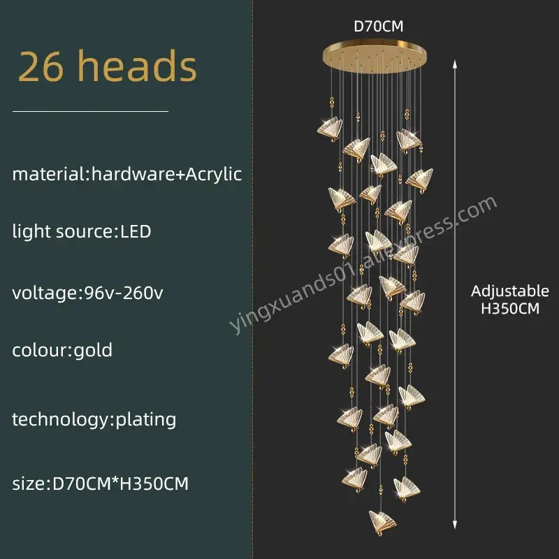 Modern gold butterfly acrylic chandelier with 26 fan-shaped light heads and circular base by decorbites butterfly acrylic