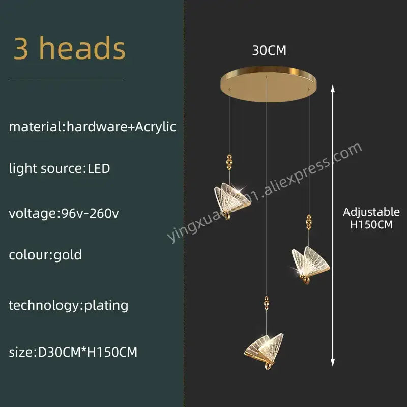 Modern gold butterfly acrylic chandelier with gold-plated three-head pendant light and acrylic fan-shaped shades by decorbites butterfly
