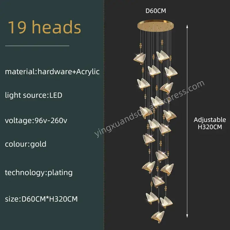 Modern gold decorbites butterfly acrylic chandelier with 19 light heads for living room pendant lighting