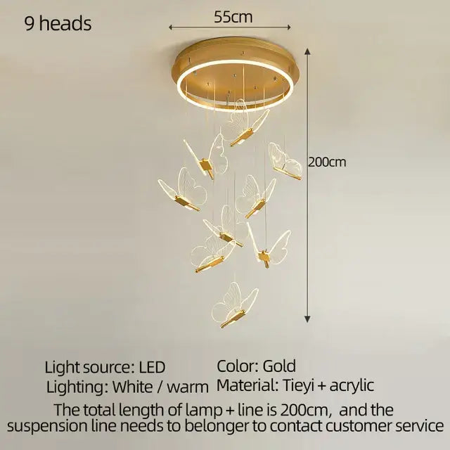 Modern gold butterfly acrylic led chandelier with nine illuminated heads, crafted from tieyi and acrylic for bedroom decorbites butterfly acrylic lighting