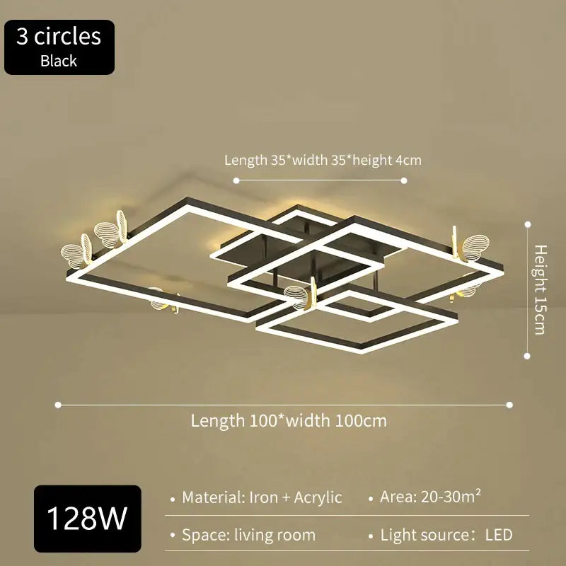 Black modern led ceiling lamp with three overlapping square frames and gold butterfly accents for living room decorbites butterfly ceiling