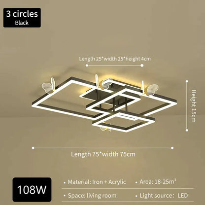 Black modern ceiling lamp with three iron and acrylic overlapping square frames and butterfly accents for living room decorbites butterfly ceiling lamp