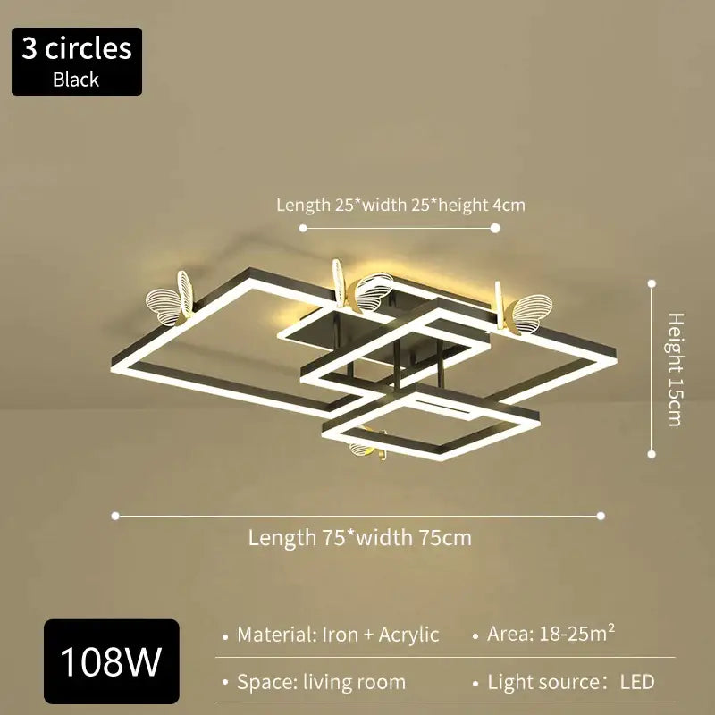 Black modern ceiling lamp with three iron and acrylic overlapping square frames and butterfly accents for living room decorbites butterfly ceiling lamp
