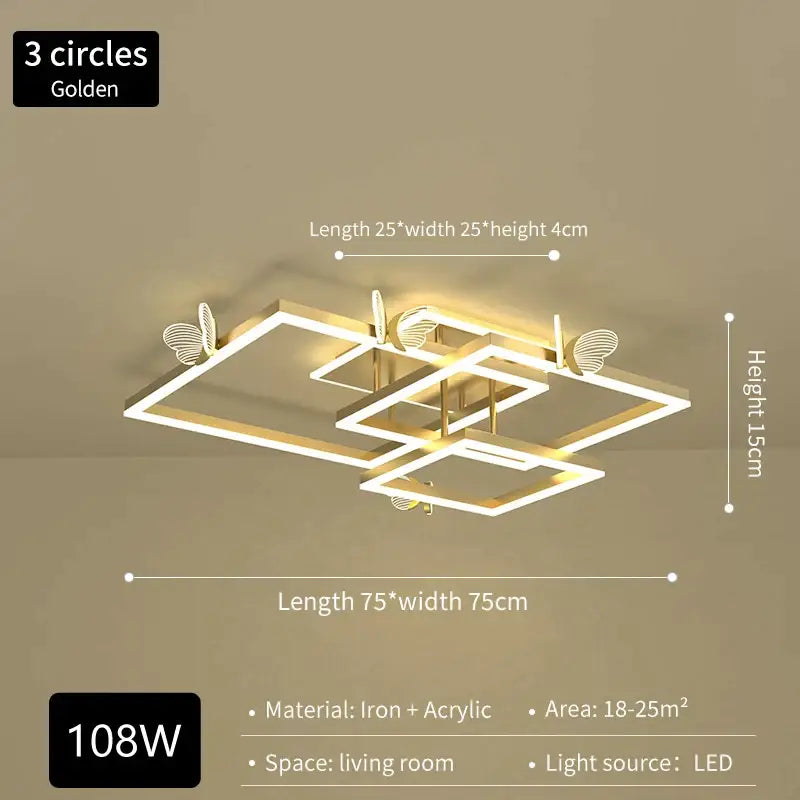 Modern gold butterfly ceiling lamp with three overlapping iron and acrylic square frames for living room decorbites ceiling lamp