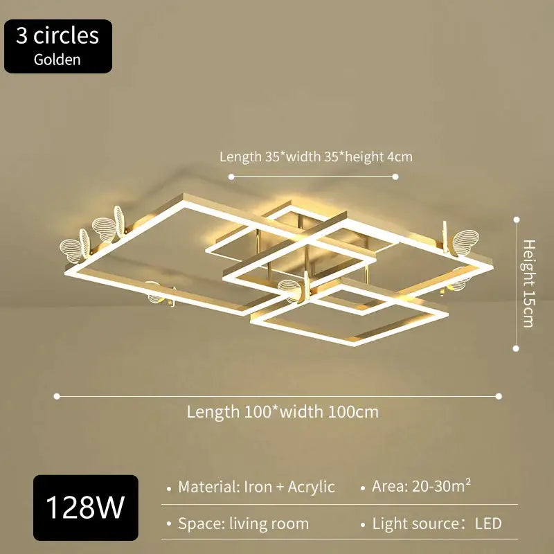 Modern gold butterfly ceiling lamp with golden three-circle led iron and acrylic design for living room decorbites butterfly ceiling light