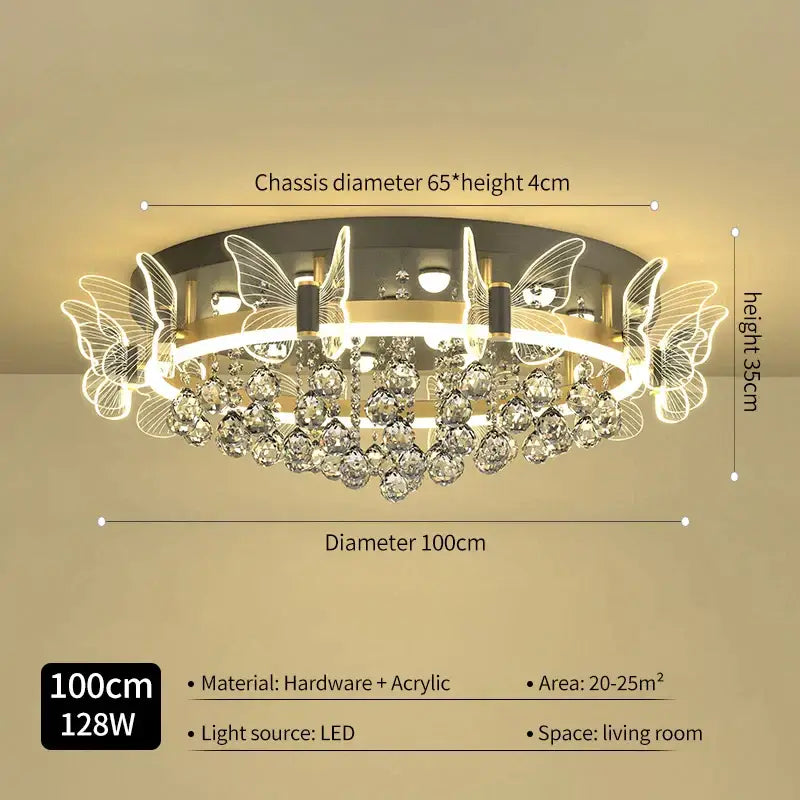 Modern gold butterfly crystal ceiling light with 100cm diameter acrylic wings and dangling beads for elegant decorbites ceiling lamp