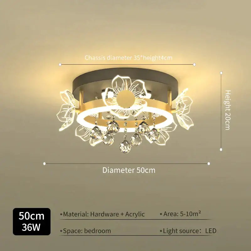 Modern gold butterfly crystal ceiling light with a gold metal frame and clear acrylic flower pendant for bedroom decorbites decor