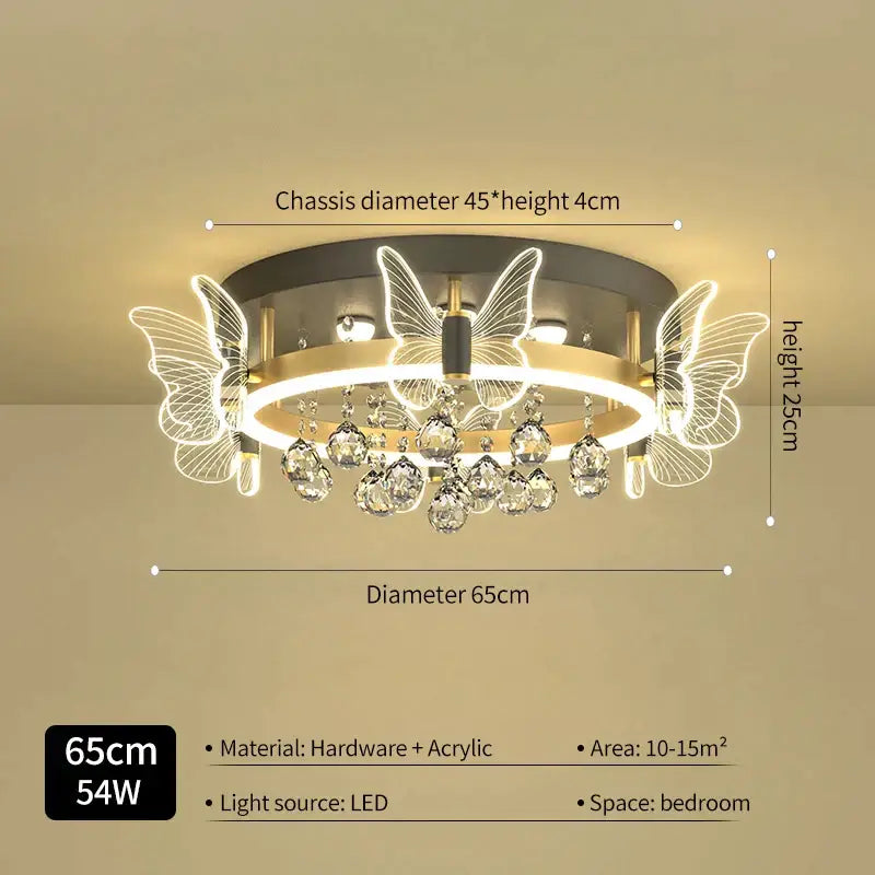 Modern gold butterfly crystal ceiling light with circular frame illuminated wings and hanging droplets for bedroom decorbites elegant butterfly ceiling lamp
