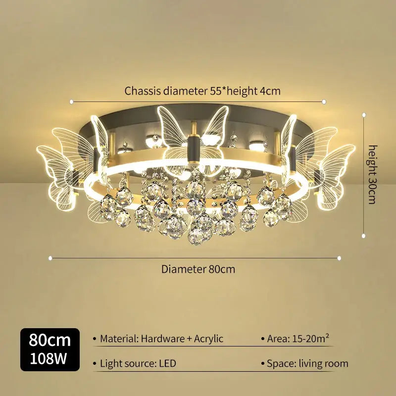 Modern gold butterfly crystal ceiling light with illuminated acrylic wings and clear crystal droplets for elegant decorbites decor