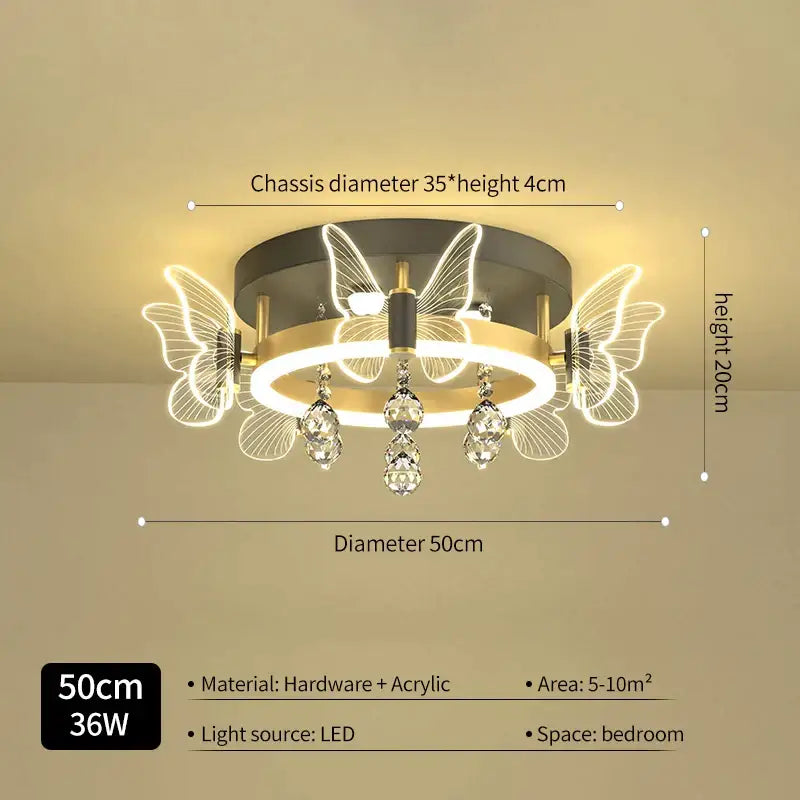 Modern gold butterfly crystal ceiling light with black and gold frame illuminated led wings and dangling crystals decorbites ceiling lamp
