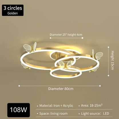 Modern gold butterfly crystal chandelier dining room led light with golden three-circle iron and acrylic decorbites butterfly crystal accents