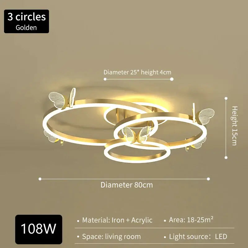 Modern gold butterfly crystal chandelier dining room led light with golden three-circle iron and acrylic decorbites butterfly crystal accents