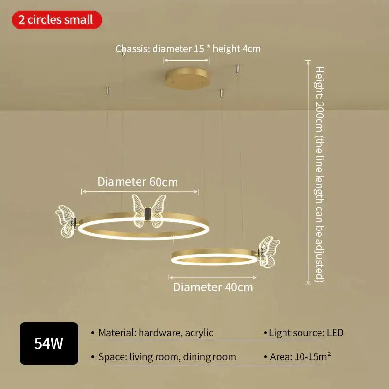 Modern gold butterfly crystal chandelier with two circular led rings and butterfly accents for dining room decorbites butterfly crystal
