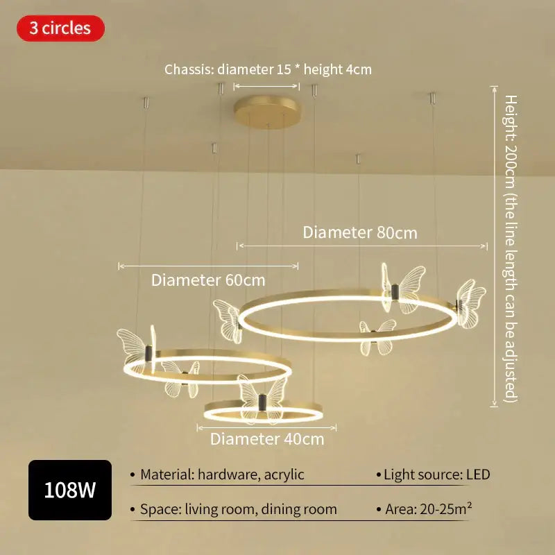 Modern gold decorbites butterfly crystal chandelier with three concentric rings and delicate butterfly cutouts for dining room decor