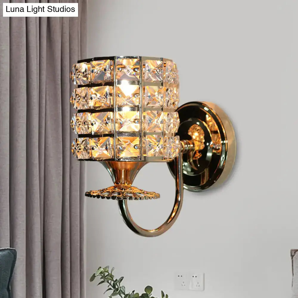 Modern gold butterfly wall light fixture with crystal shade and ornate curved arm for living room sconce lighting