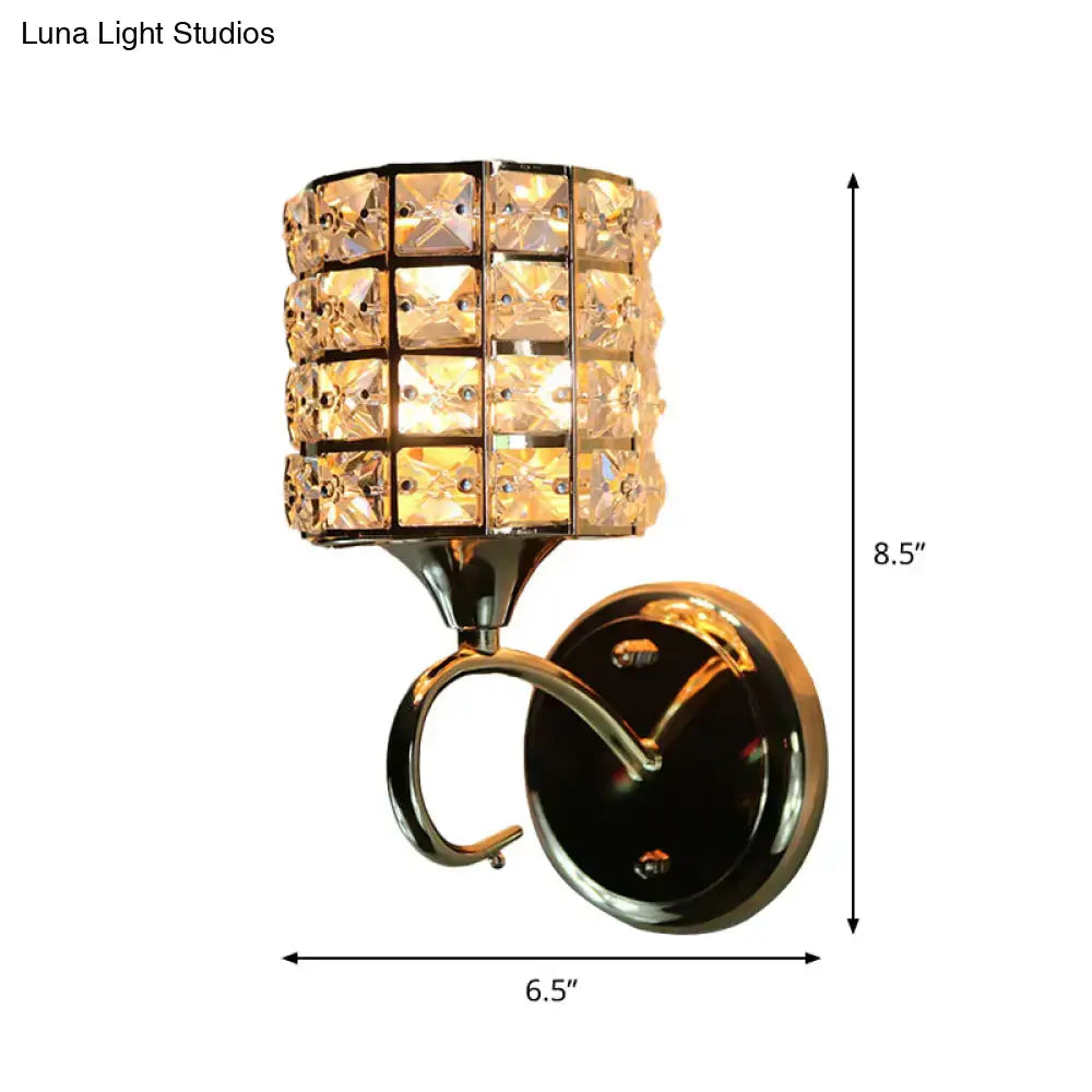 Modern gold butterfly crystal wall light fixture with gold-toned metal and cylindrical faceted glass shade wall light fixture