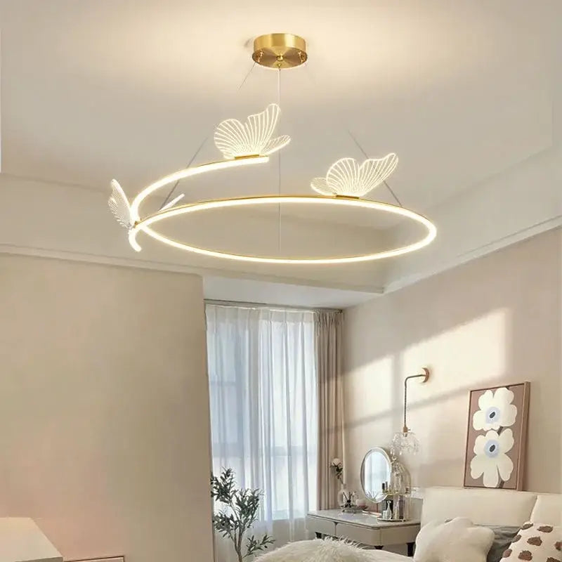 Modern gold butterfly design ceiling chandelier with circular led ring and delicate butterfly design ceiling accents