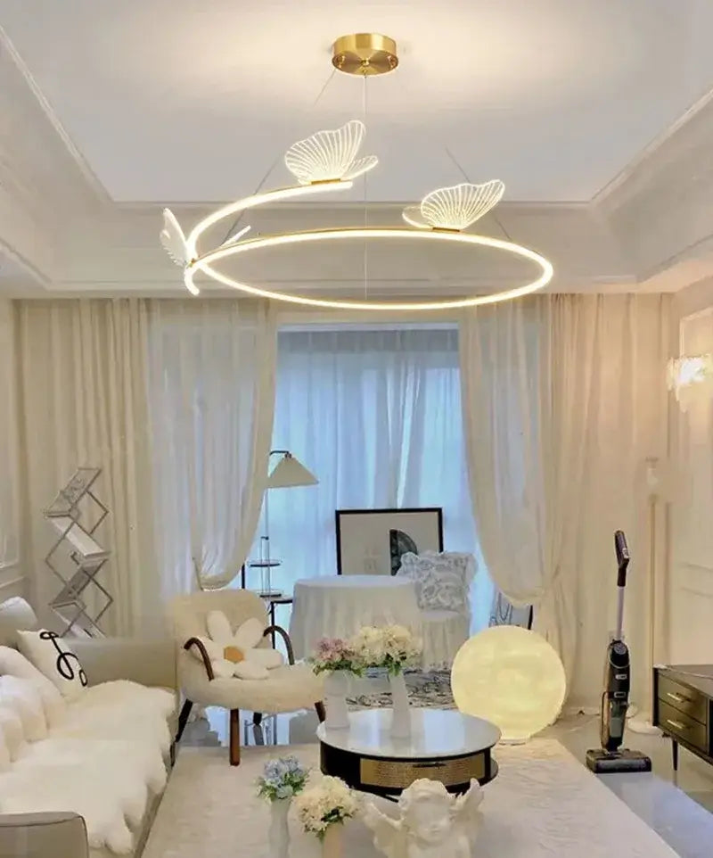 Modern gold butterfly design ceiling chandelier with circular frame and decorbites butterfly design light fixtures