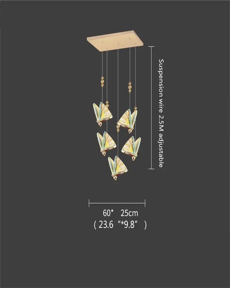 Modern gold butterfly led chandelier with five iridescent butterfly ornaments on light wood for bedroom decorbites butterfly led