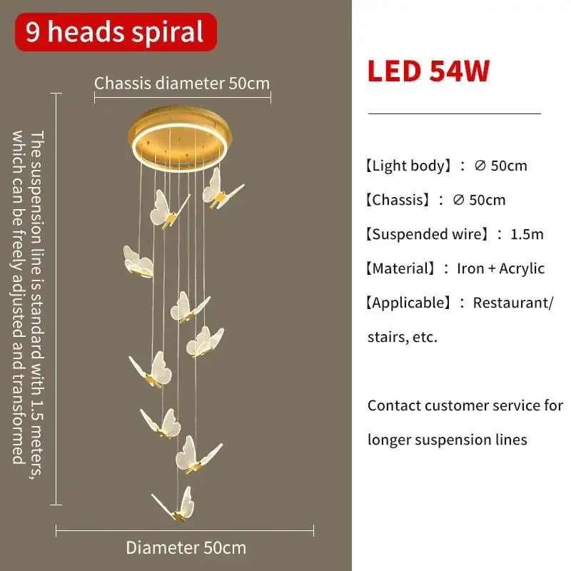 Modern gold butterfly led chandelier featuring nine translucent white butterfly ornaments on iron and acrylic base by decorbites butterfly led