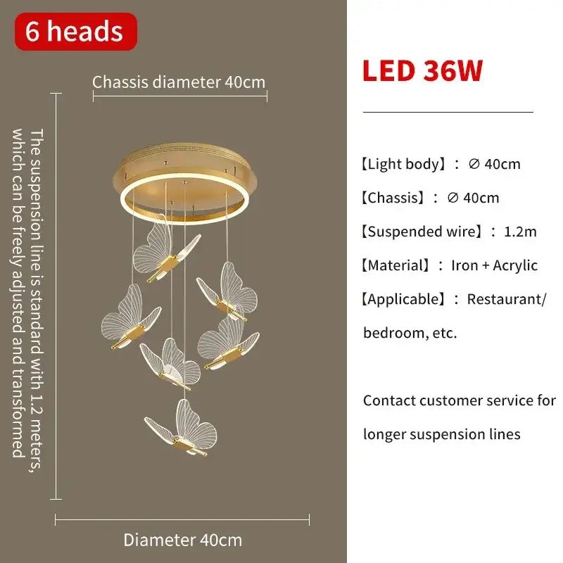 Modern gold butterfly led chandelier with six translucent acrylic wings and iron frame by decorbites butterfly led