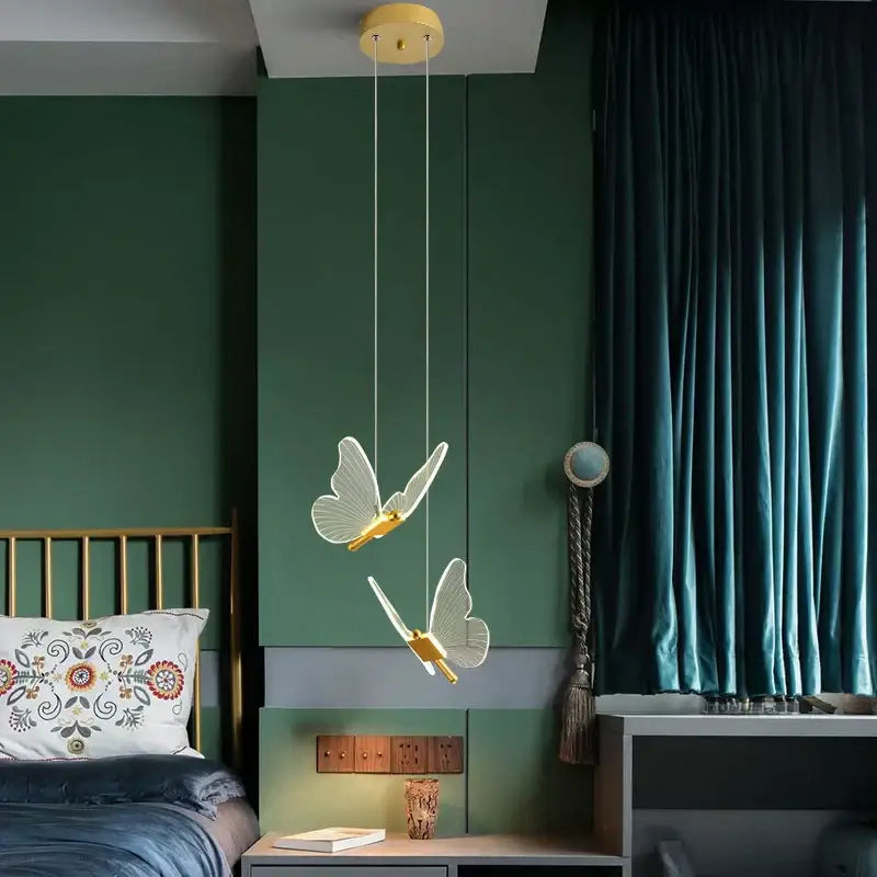 Modern gold decorbites butterfly led hanging lamp with translucent wings from circular ceiling fixture for bedroom decor