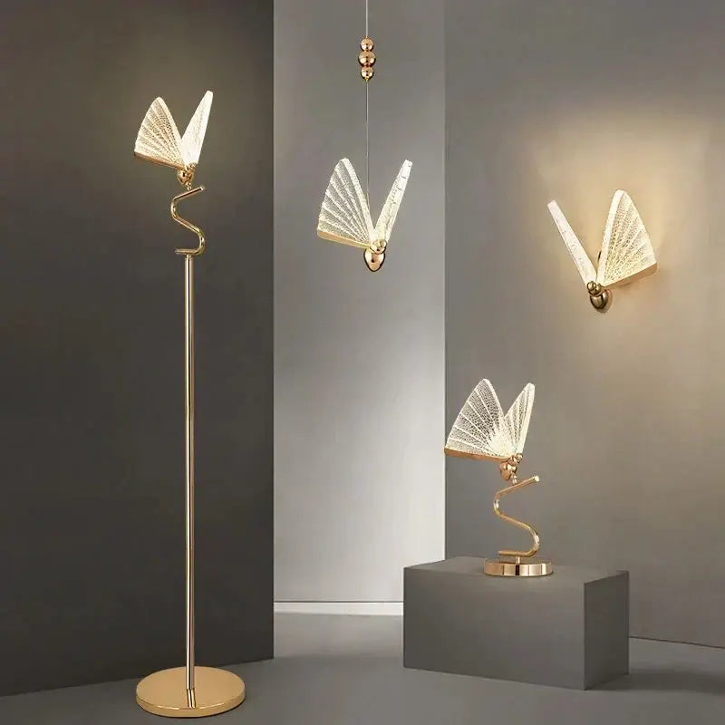Modern gold-toned butterfly led pendant lamp collection featuring floor, hanging, and wall-mounted decorbites butterfly led lighting fixtures