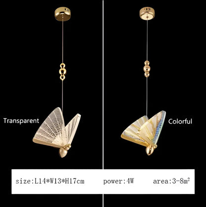 Modern gold butterfly led pendant lamp with iridescent wings and beaded chain suspension for bedroom chandelier lighting