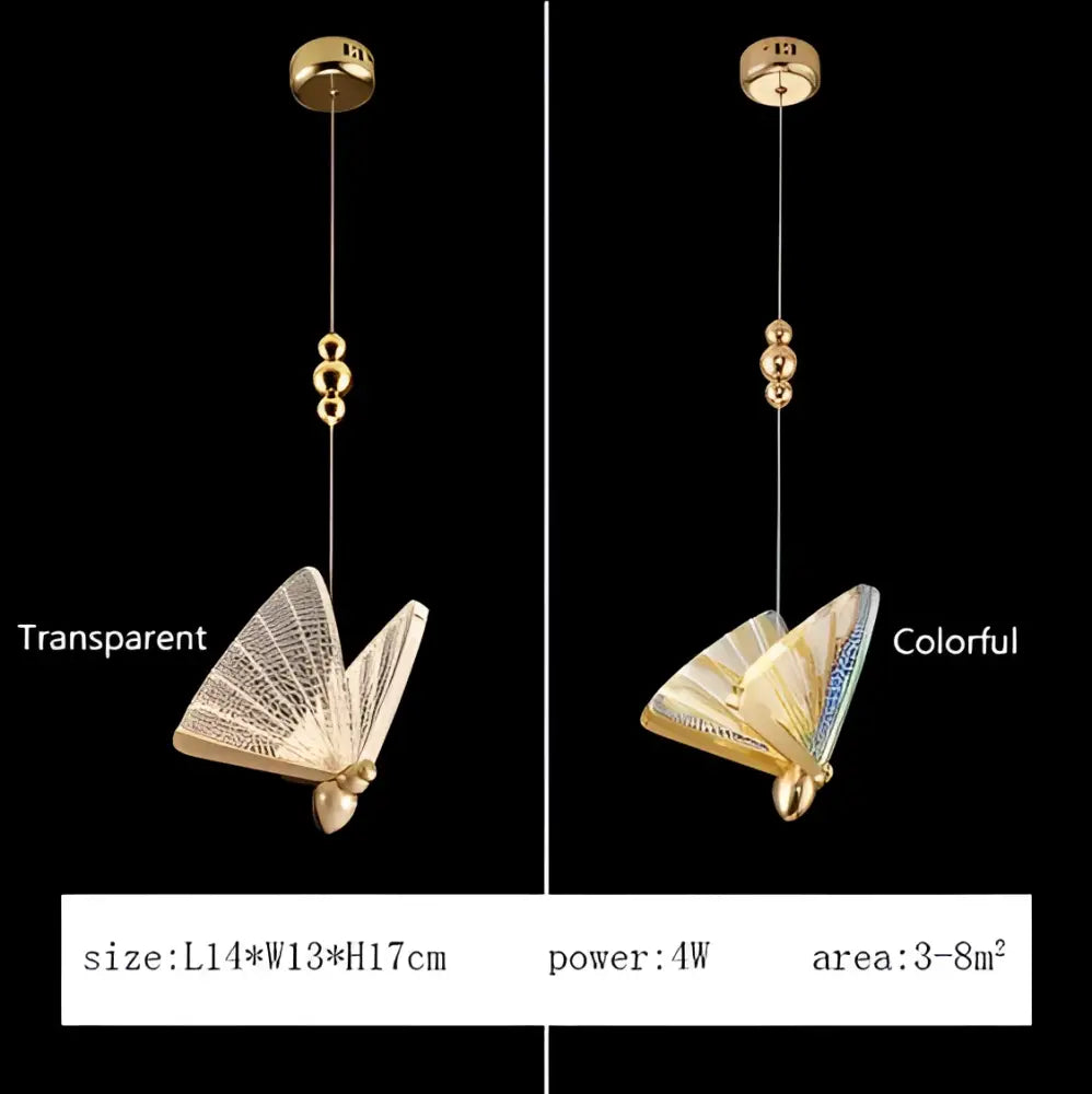Modern gold butterfly led pendant lamp with iridescent wings and beaded chain suspension for bedroom chandelier lighting