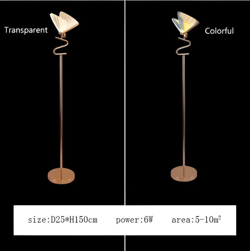 A slender gold-toned metal floor lamp with a curved base and butterfly led pendant emitting soft light decorbites butterfly led