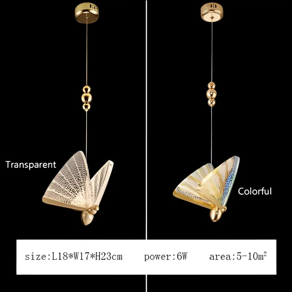 Modern gold butterfly pendant lamps with iridescent wings and sleek metallic finish for bedroom LED lighting fixtures