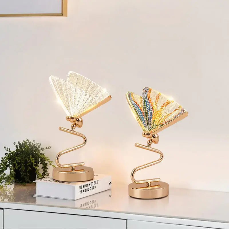 Two modern gold butterfly pendant lamps with illuminated translucent and colorful mosaic wings for bedroom lighting decorbites butterfly pendant