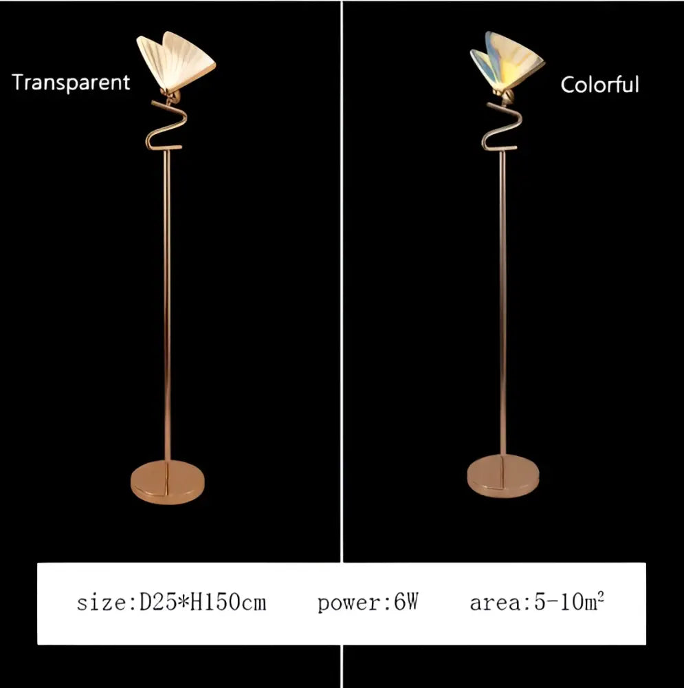 A slender gold-toned metal floor lamp with a curved stand and butterfly pendant lamps for modern bedroom decorbites lighting